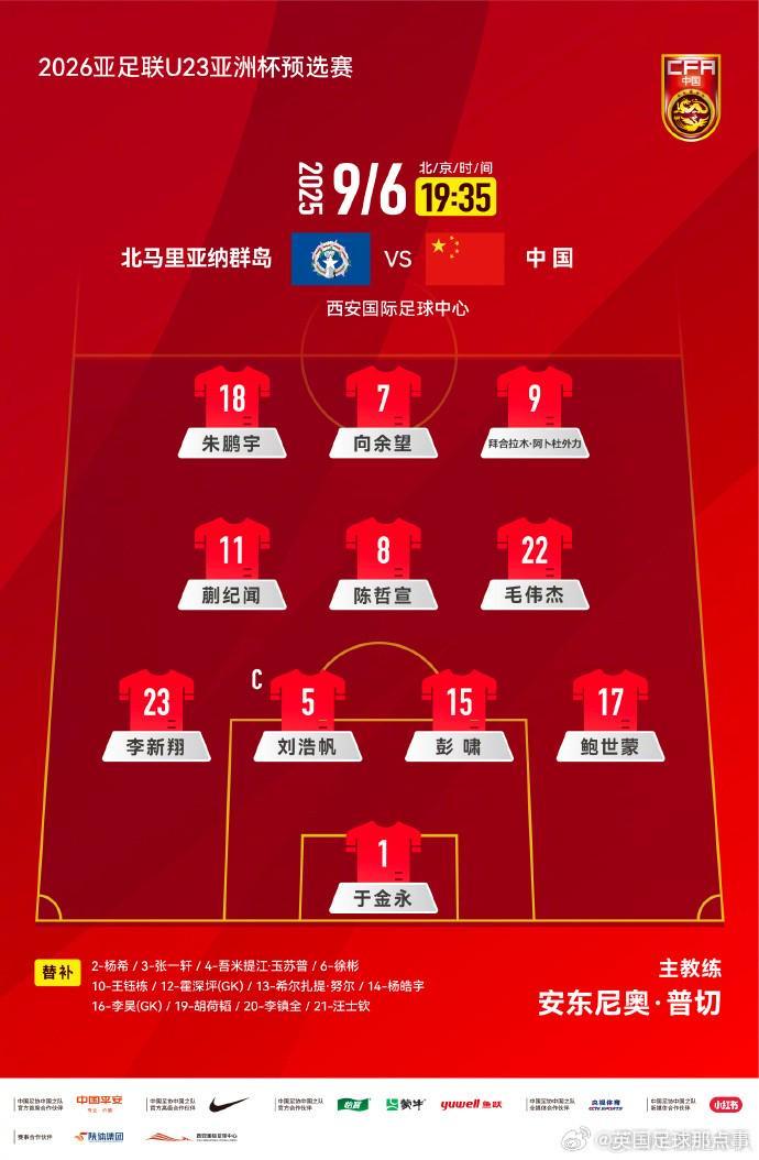 U23国足官方阵型4-3-3，向余望、拜合拉木、朱鹏宇组成三叉戟