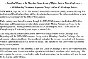 开云-下下赛季起NBA杯半决赛将在战绩更好球队主场进行 决赛依旧中立场